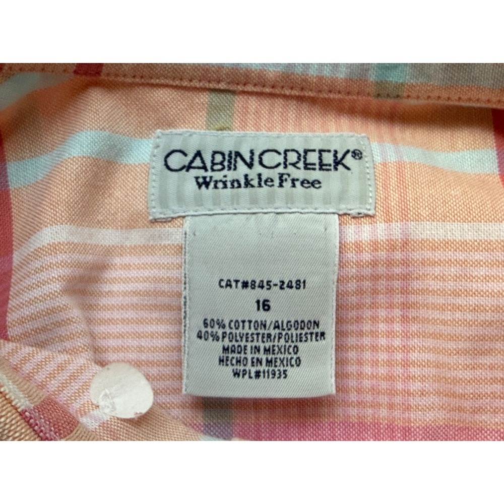 Cabin Creek Plaid Button Up Shirt Womens 16 Orange Pink Pastel Wrinkle Free - Picture 4 of 4